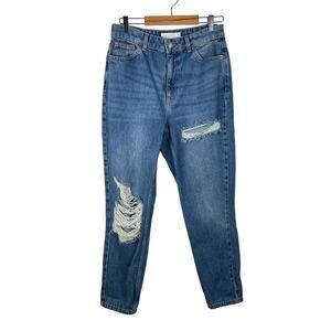Topshop Straight Leg Mom Jeans Womens 8 High Rise Medium Wash Rigid Distressed